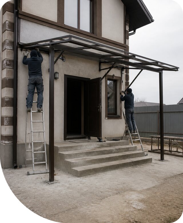 Изготовление и монтаж металлического козырька под ключ в Климовске